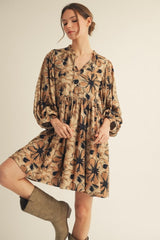Camel Floral Front Tie Bubble Sleeve Mini Dress
