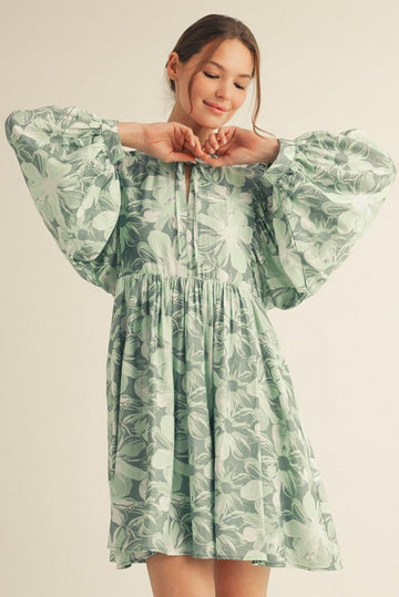 Light Olive Floral Front Tie Bubble Sleeve Mini Dress