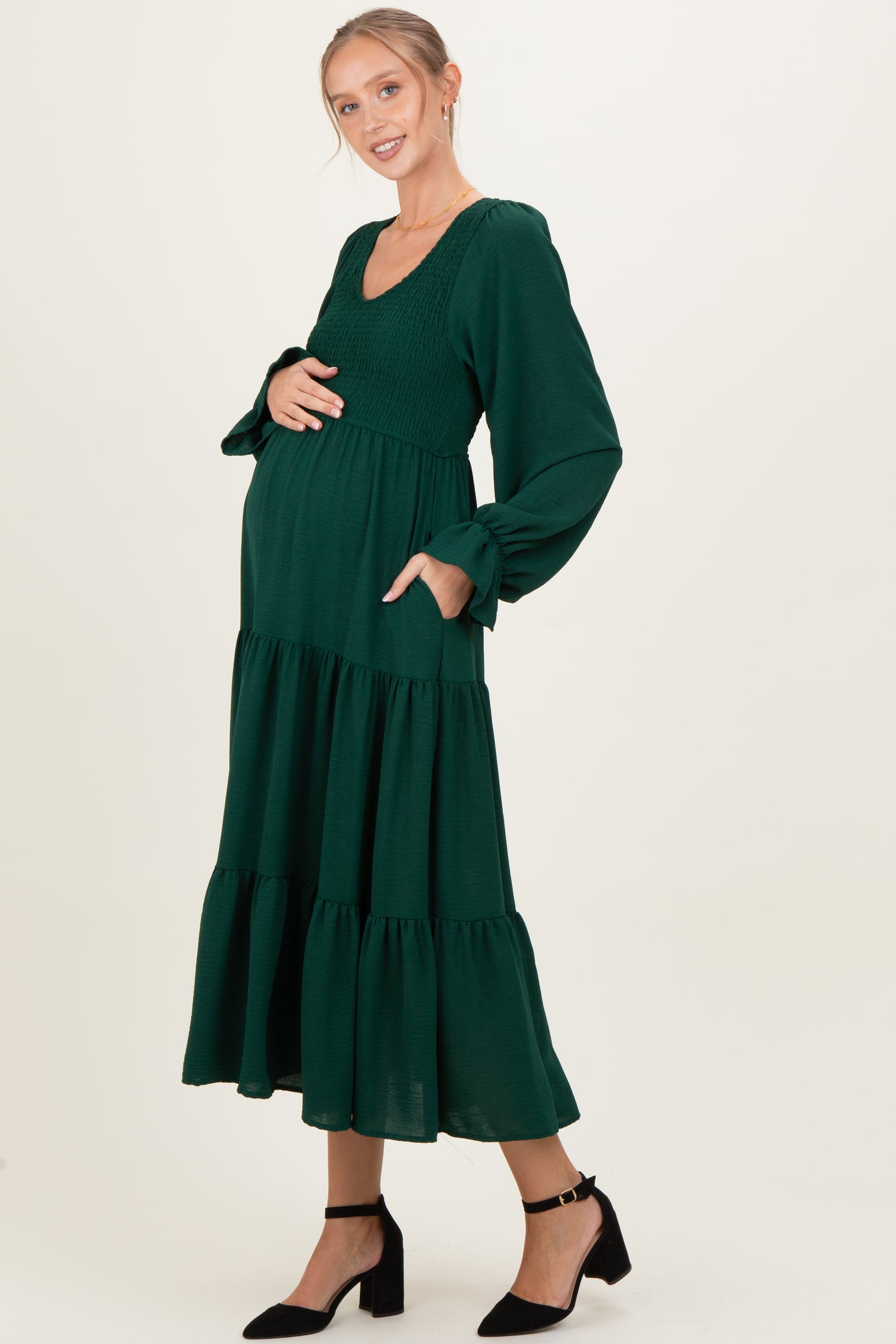 Forest Green Smocked Tiered Long Sleeve Maternity Maxi Dress