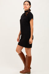 Black Ribbed Knit Short Sleeve Sweater Dress