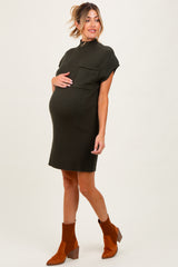 Olive Ribbed Knit Maternity Short Sleeve Sweater Dress