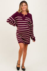Burgundy Striped Knit Maternity Polo Sweater Dress