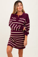 Burgundy Striped Knit Maternity Polo Sweater Dress