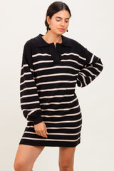 Black Striped Knit Polo Sweater Dress