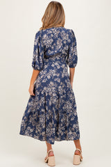 Blue Floral 3/4 Sleeve Smocked Waist Maternity Midi Dress