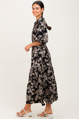 Black Floral 3/4 Sleeve Smocked Waist Midi Dress