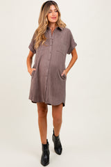 Mocha Faux Suede Button Down Maternity Shirt Dress