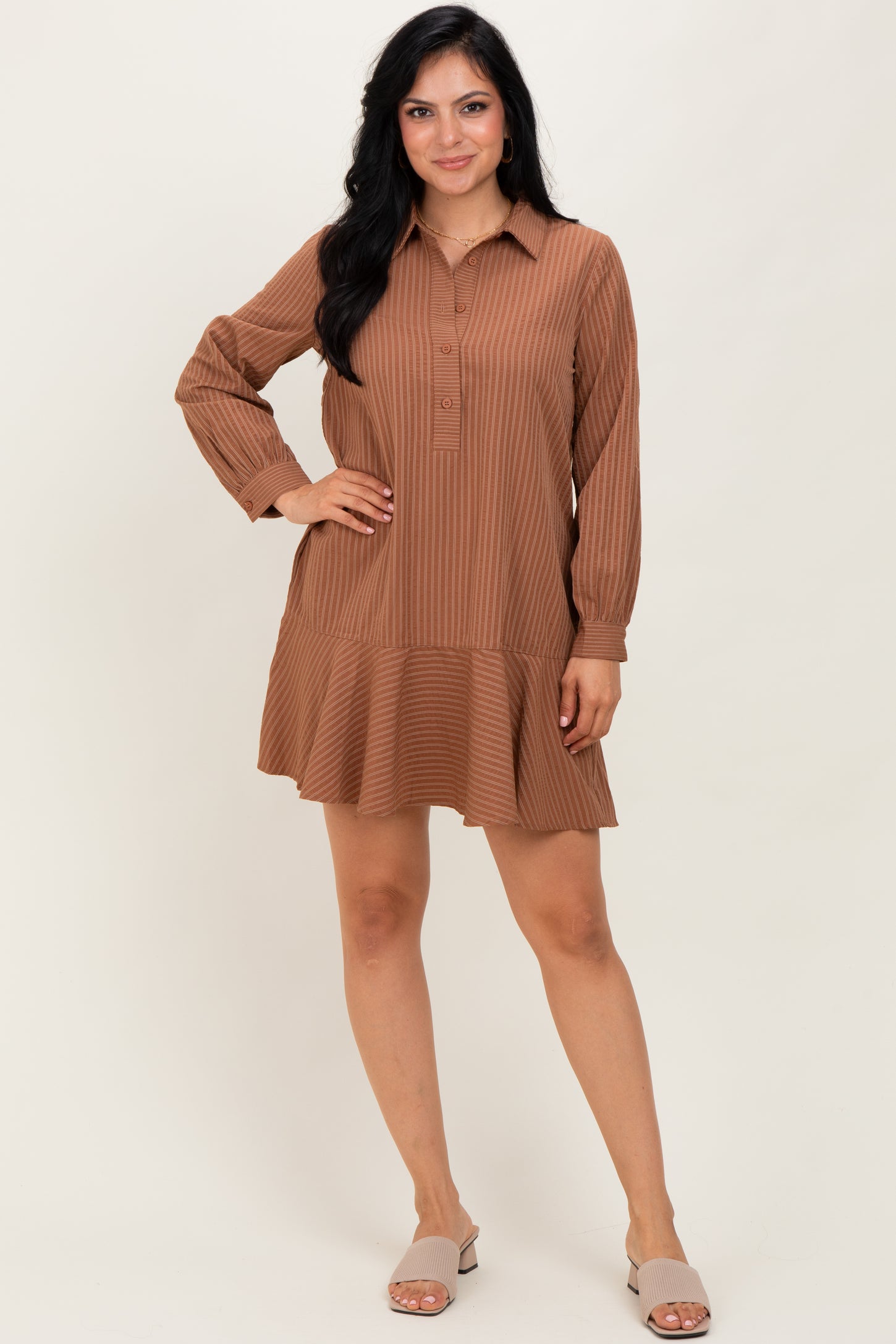 Camel Striped Long Sleeve Drop Waist Maternity Polo Dress