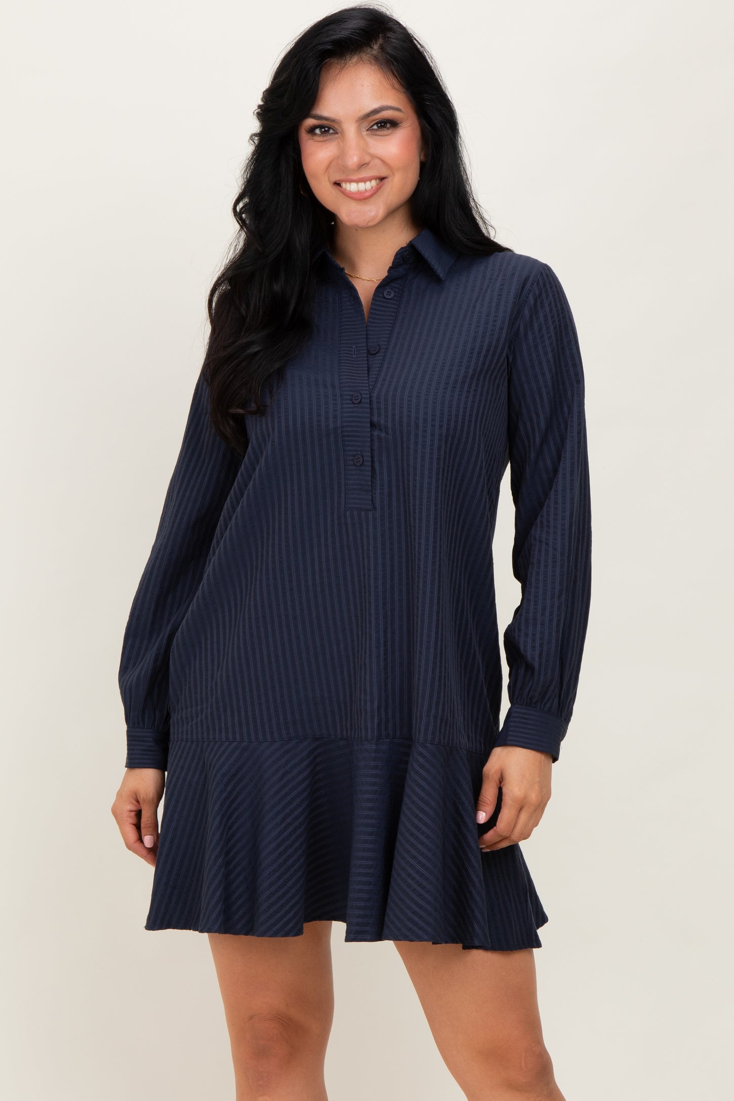 Navy Striped Long Sleeve Drop Waist Polo Dress