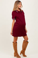 Burgundy Jacquard Ruffle Accent Maternity Polo Dress