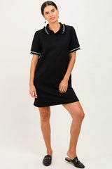 Black Jacquard Ruffle Accent Maternity Polo Dress