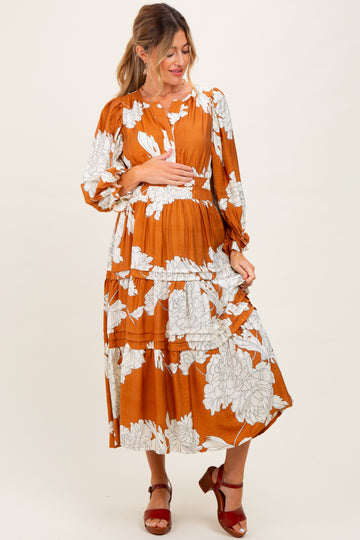 Camel Floral Long 3/4 Sleeve Tiered Maternity Midi Dress