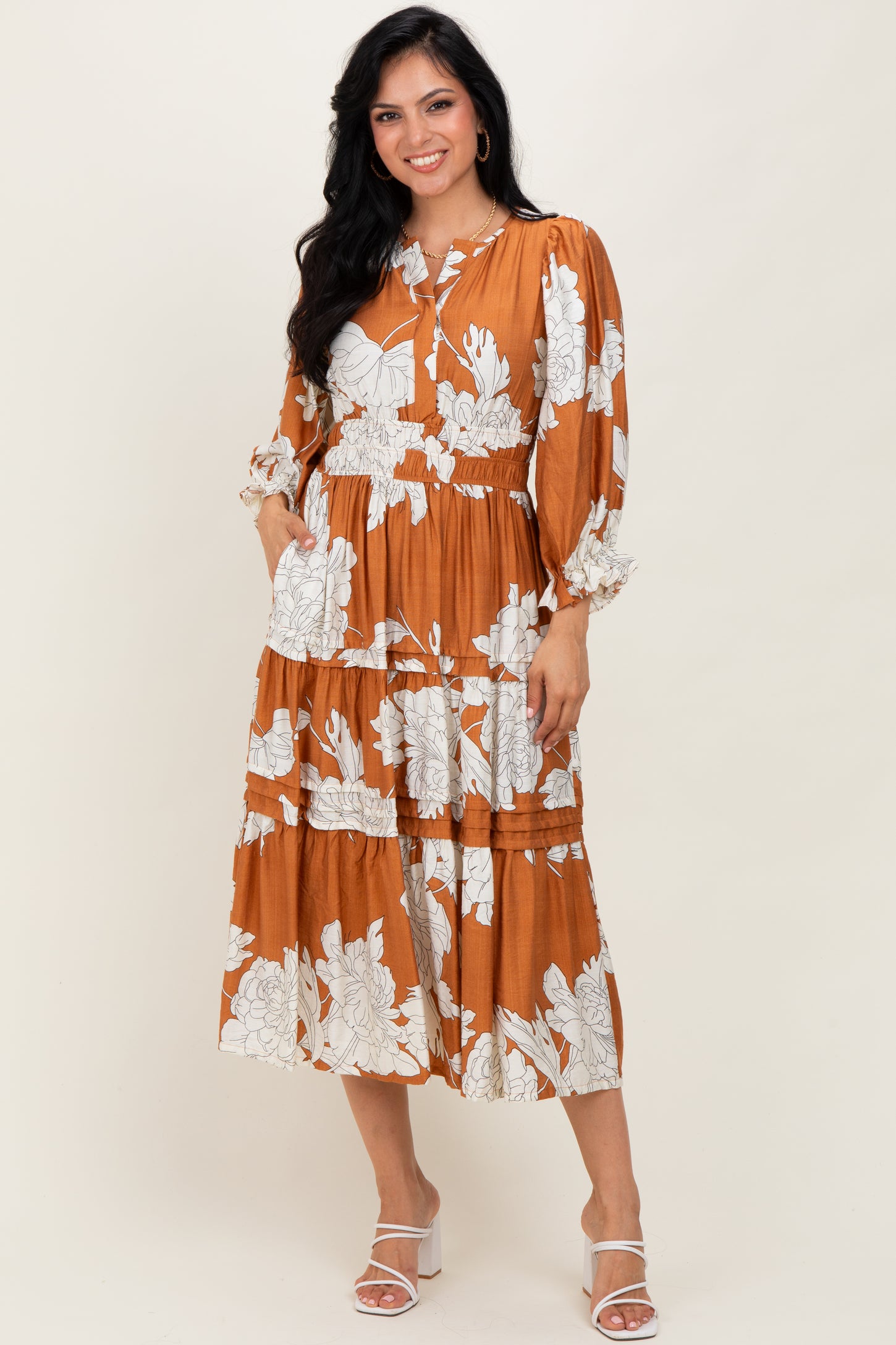 Camel Floral Long 3/4 Sleeve Tiered Maternity Midi Dress