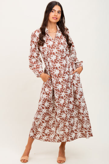 Camel Floral Button Down Long Sleeve Midi Dress