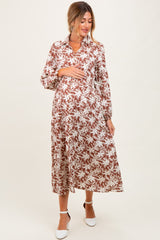 Camel Floral Button Down Long Sleeve Maternity Midi Dress