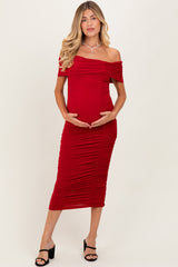 Red Off Shoulder Ruched Maternity Midi Dress