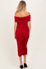 Red Off Shoulder Ruched Maternity Midi Dress
