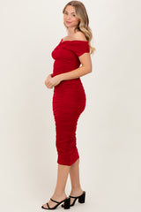 Red Off Shoulder Ruched Midi Dress