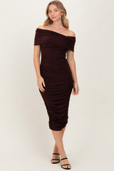 Brown Off Shoulder Ruched Maternity Midi Dress