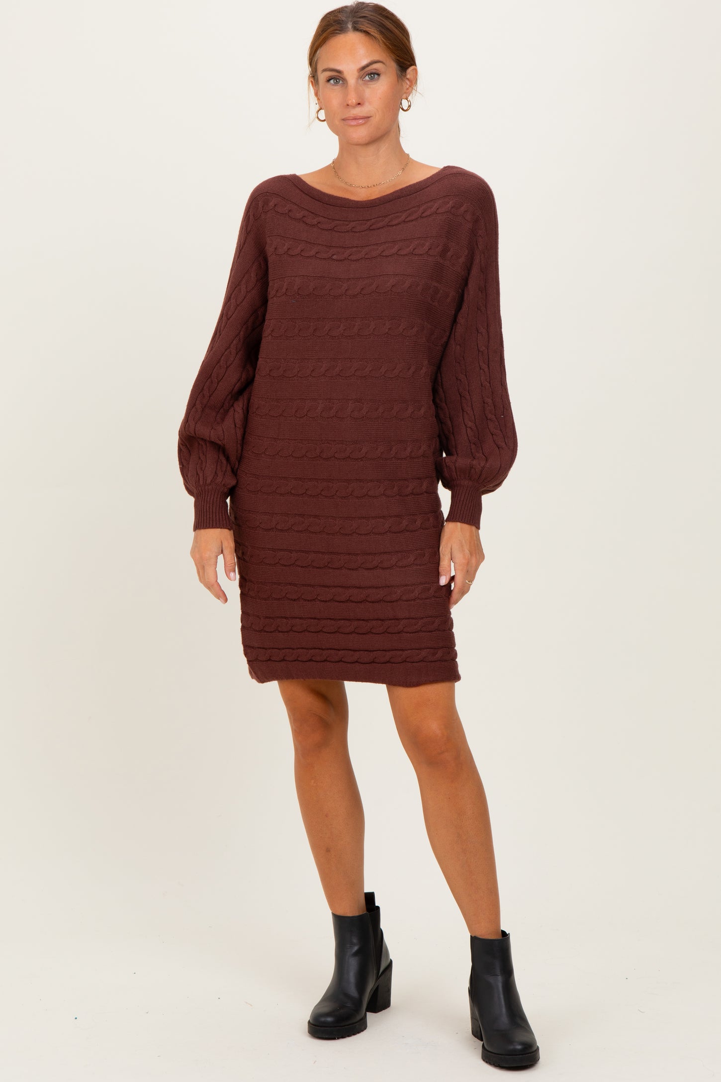 Brown Cable Knit Dolman Sleeve Sweater Mini Dress