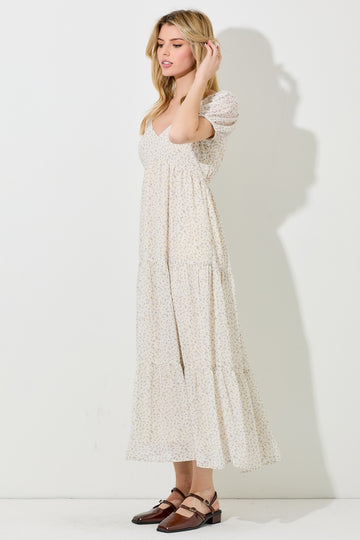 Cream Floral Chiffon Tiered Maxi Dress