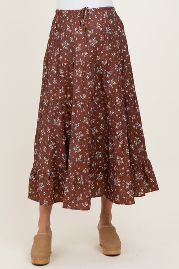Brown Floral Tiered Maternity Maxi Skirt