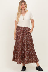 Brown Floral Tiered Maternity Maxi Skirt