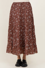 Brown Floral Tiered Maxi Skirt