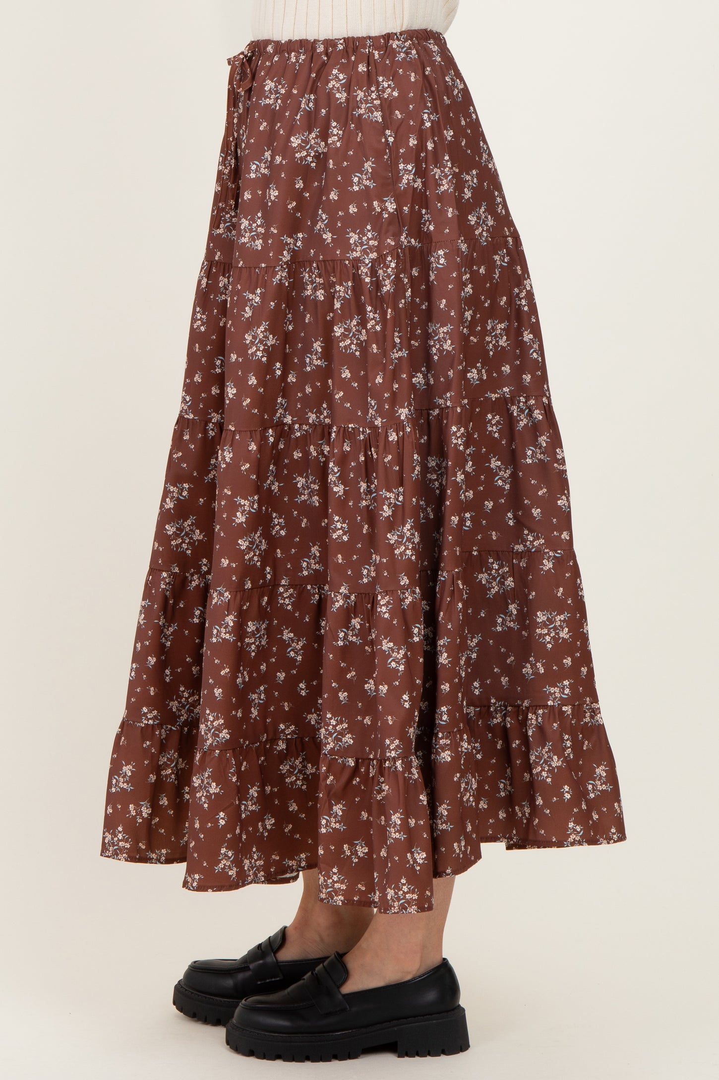 Brown Floral Tiered Maxi Skirt