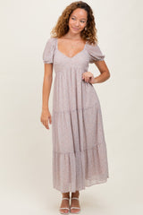 Light Taupe Floral Chiffon Tiered Maxi Dress