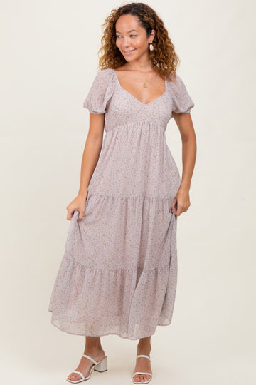 Light Taupe Floral Chiffon Tiered Maxi Dress