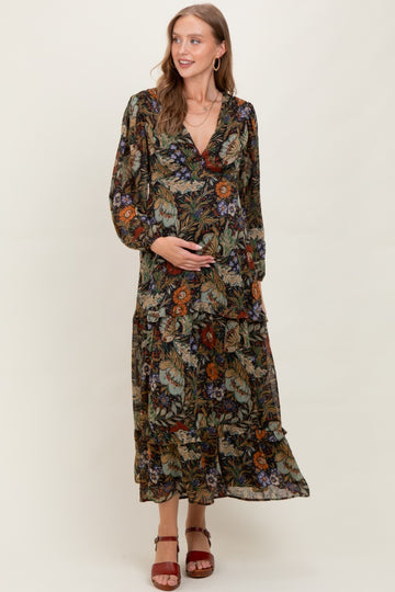 Black Floral Chiffon V-Neck Long Sleeve Maternity Maxi Dress