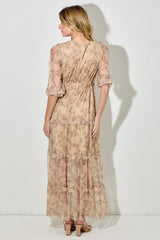 Camel Floral Mesh Overlay Lace Trim Maxi Dress