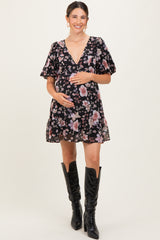 Black Floral V-Neck Puffed Sleeve Maternity Mini Dress