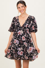 Black Floral V-Neck Puffed Sleeve Maternity Mini Dress