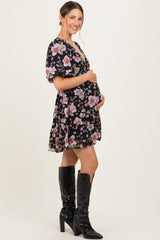 Black Floral V-Neck Puffed Sleeve Maternity Mini Dress