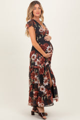 Black Floral Chiffon V-Neck Maternity Maxi Dress