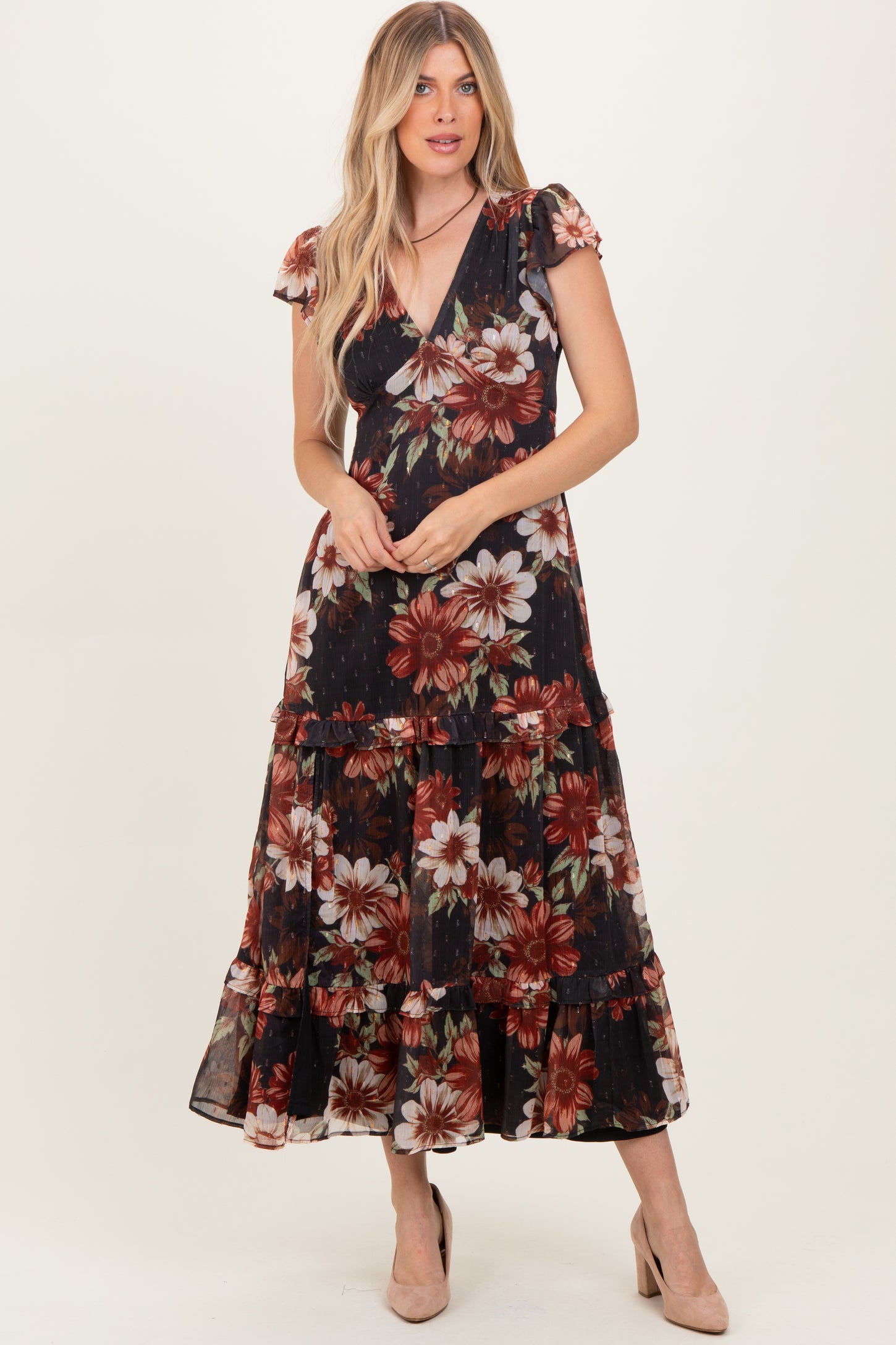 Black Floral Chiffon V-Neck Maternity Maxi Dress