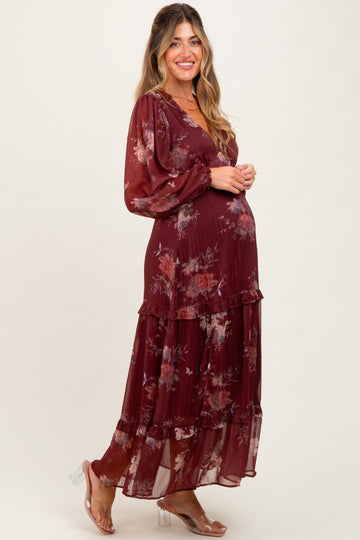 Burgundy Floral Chiffon V-Neck Long Sleeve Maternity Maxi Dress