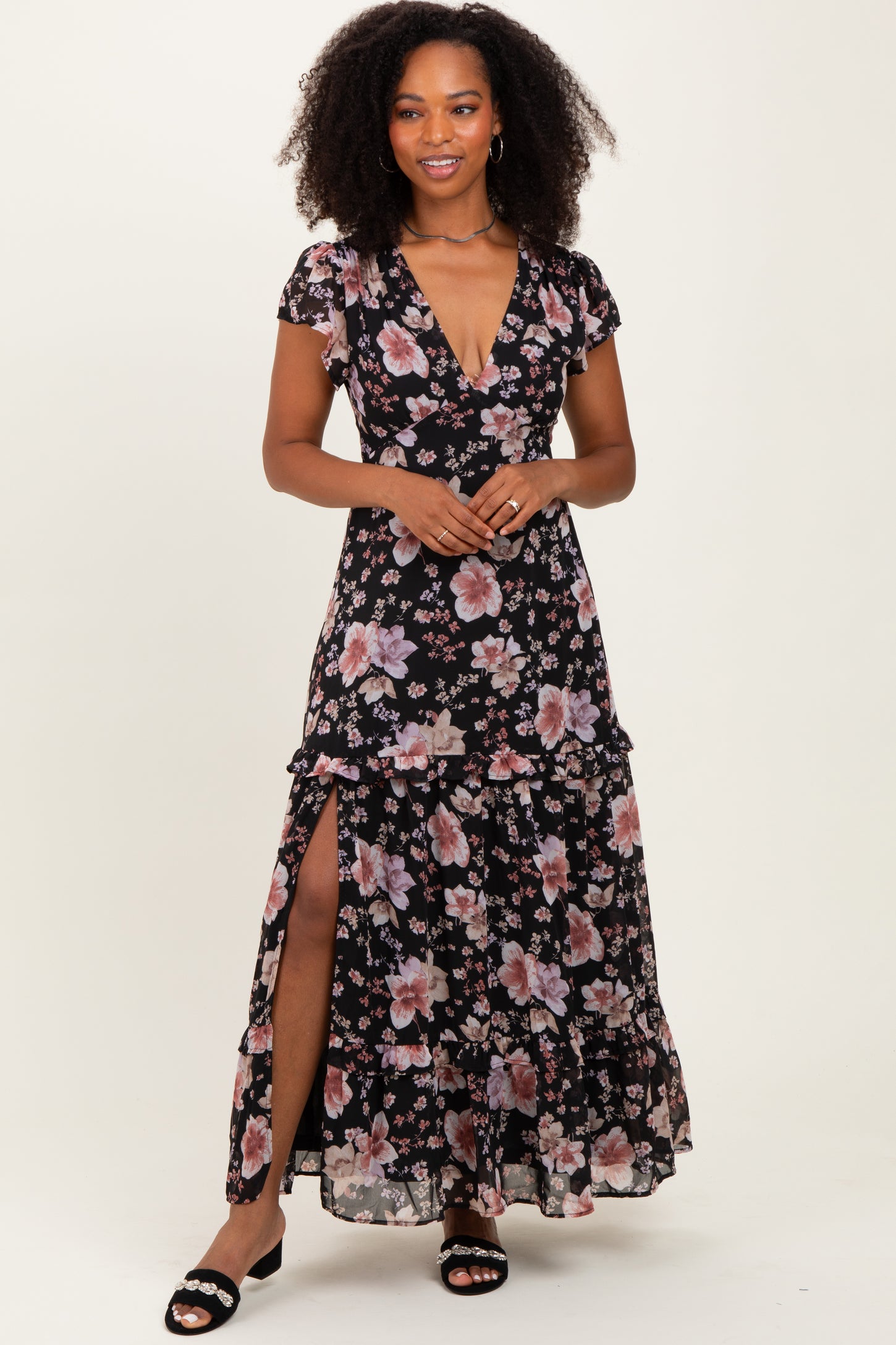Black Floral V-Neck Side Silt Maxi Dress