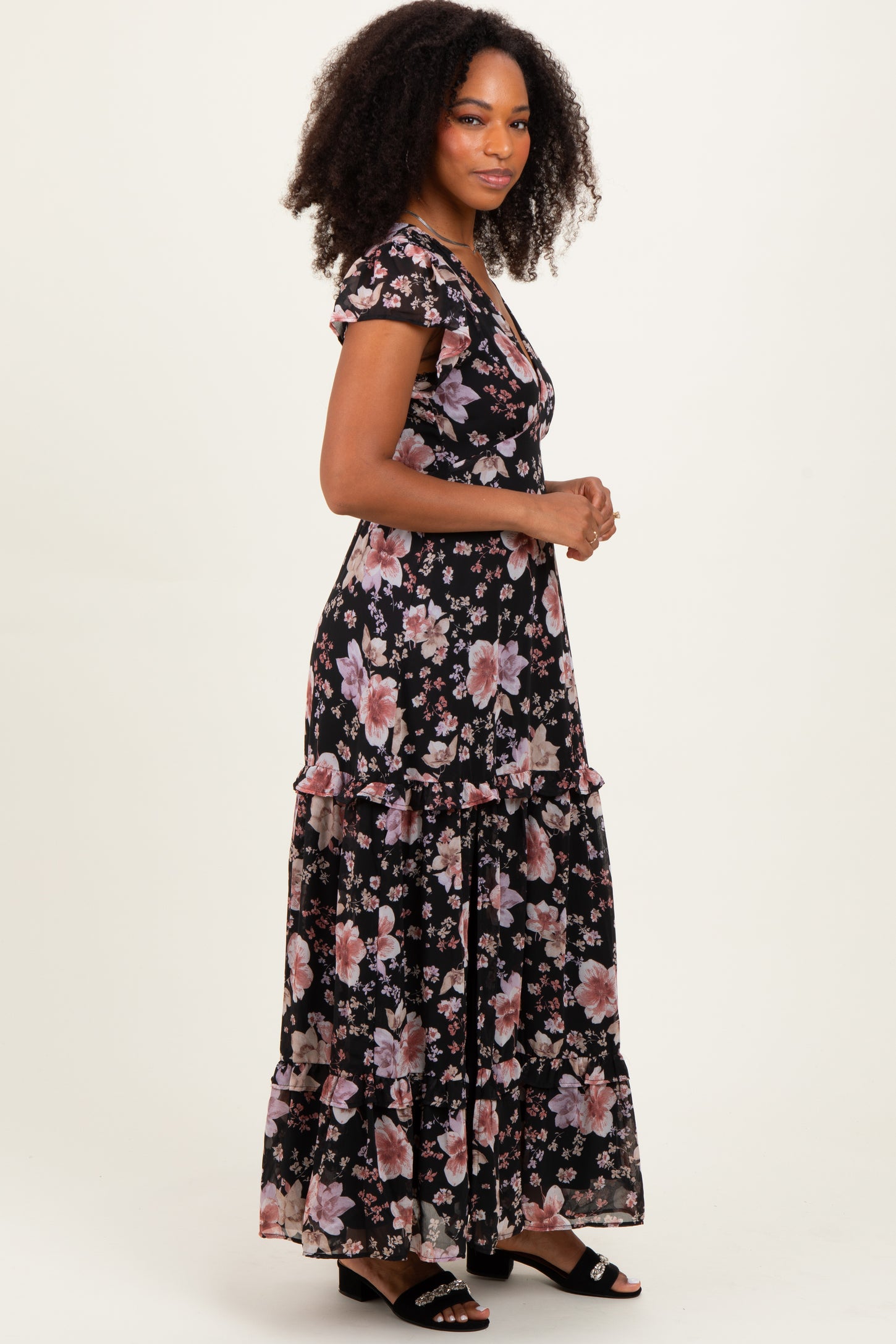 Black Floral V-Neck Side Silt Maxi Dress