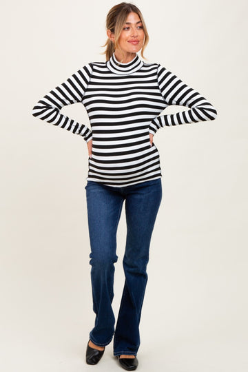 Black Striped Turtleneck Maternity Long Sleeve Top