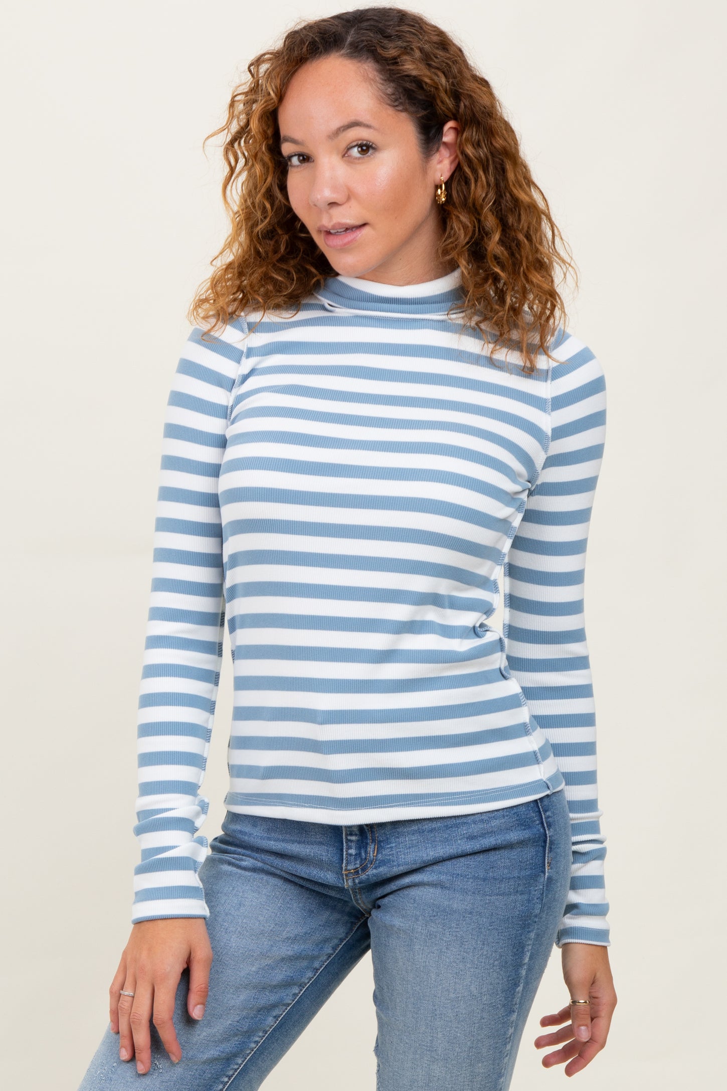 Blue Striped Turtleneck Maternity Long Sleeve Top