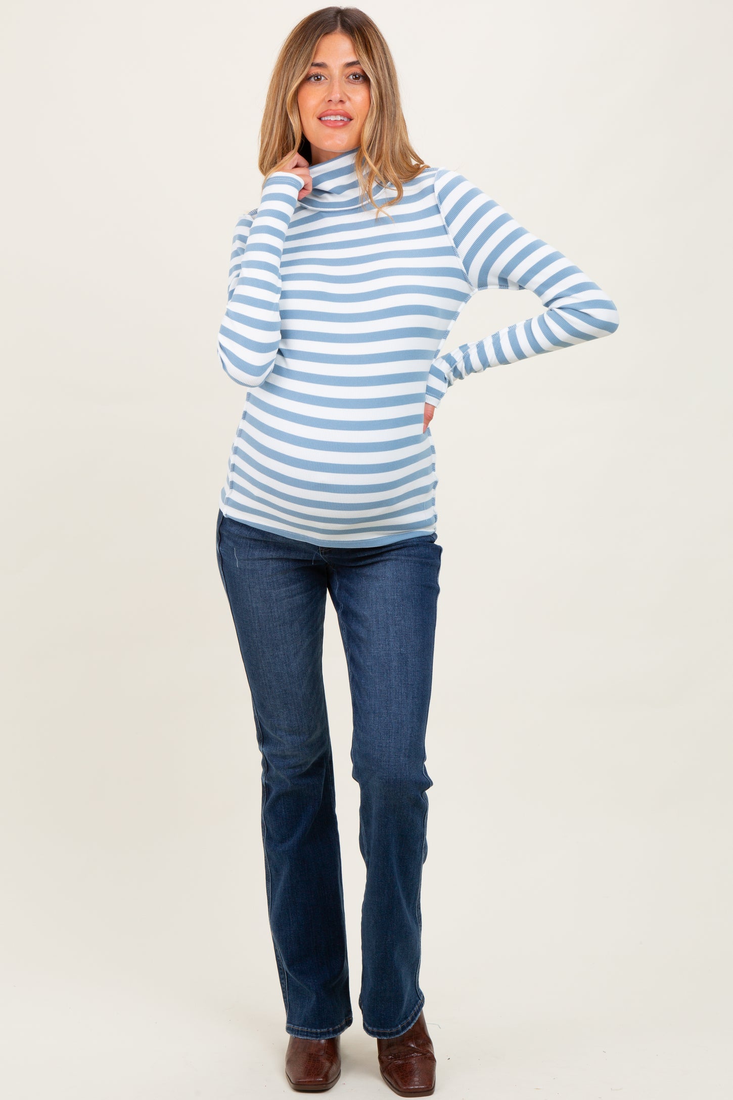 Blue Striped Turtleneck Maternity Long Sleeve Top