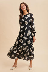 Black Floral Textured Bubble Sleeve Midi Dress