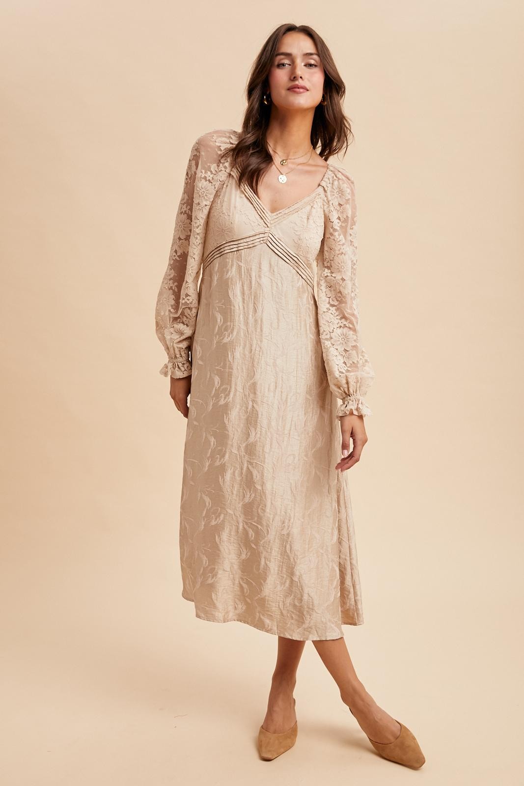 Cream Lace Jacquard Long Sleeve Midi Dress