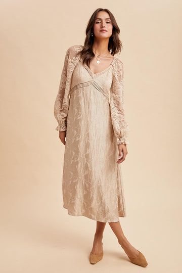 Cream Lace Jacquard Long Sleeve Midi Dress