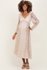 Cream Lace Jacquard Long Sleeve Maternity Midi Dress