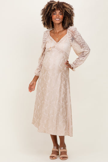 Cream Lace Jacquard Long Sleeve Maternity Midi Dress