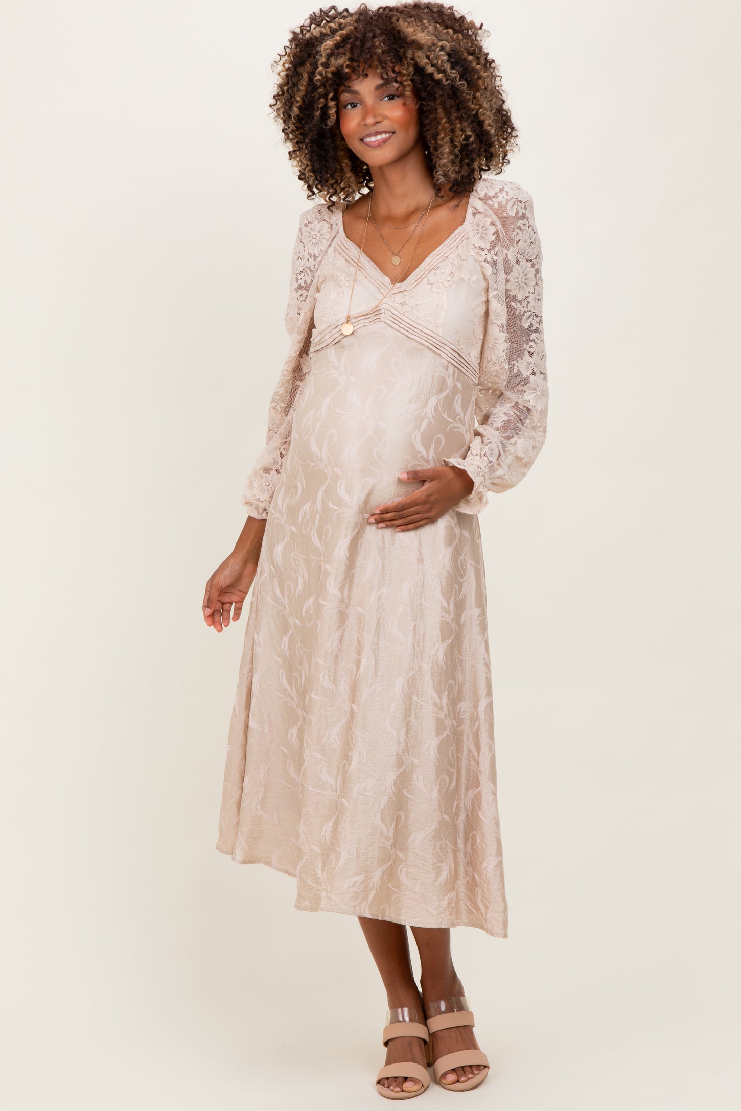 Cream Lace Jacquard Long Sleeve Maternity Midi Dress